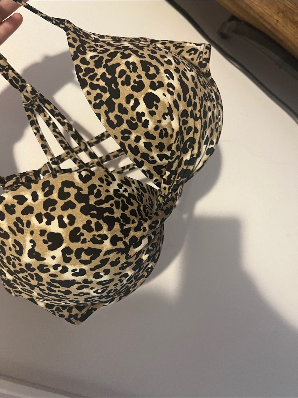 RELLECIGA Leopard-Print Bikini Top in Black and Beige